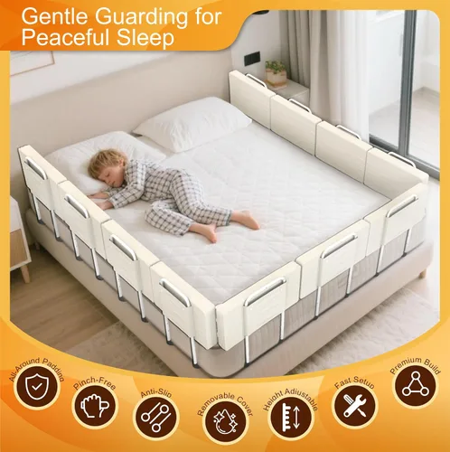 Vista 4 de Riel de cama para niños pequeños, protector de cama ajustable para camas individuales y matrimoniales, rieles de seguridad de cama para niños