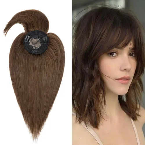 Vista 7 de MY-LADY Top Hairpieces para mujer con flequillo, base mono natural, 100% cabello humano real, clip en pieza de cabello lacio en medio para pérdida