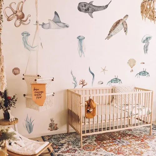 Vista 3 de Calcomanías de pared de océano para guardería, calcomanías grandes Marine Animal-a