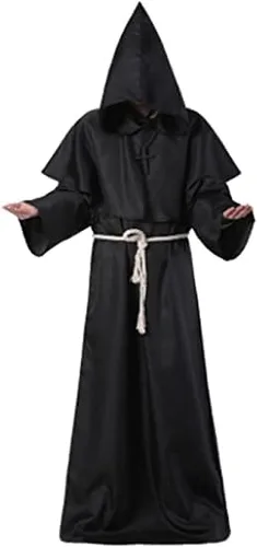 Vista 3 de Medieval Monk Robe Costume with Hood Priest Robe Outfit Medieval Cloak Tunic Halloween Cosplay