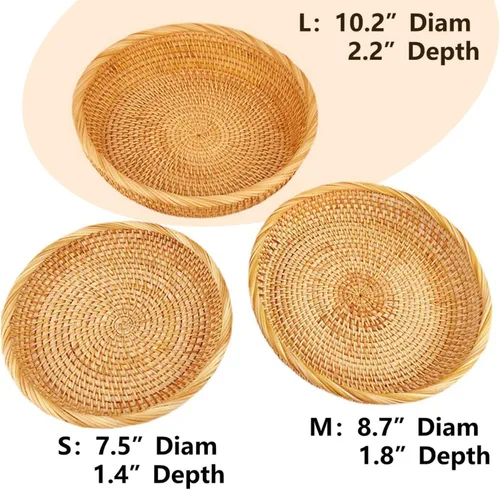 Vista 2 de I-lan Cestas de pan redondas de 10 pulgadas con pared de 2 pulgadas, cesta de frutas de ratán con borde enrollado, cesta decorativa natural