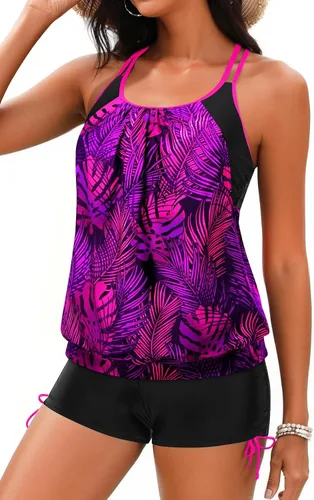 Vista 19 de Holipick Trajes de baño tankini de dos piezas con control abdominal, top de baño tipo blusa con shorts estilo boy shorts Verde Aqua