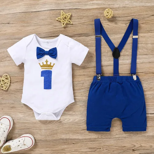 Vista 2 de GRNSHTS Ropa divertida de primer cumpleaños para bebé niño, mameluco con pajarita, mameluco para tartas