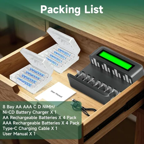 Vista 4 de Batería recargable con cargador universal para baterías recargables Ni-MH AA AAA C D, 4 pilas AA y 4 pilas AAA de baja autodescarga NiMH
