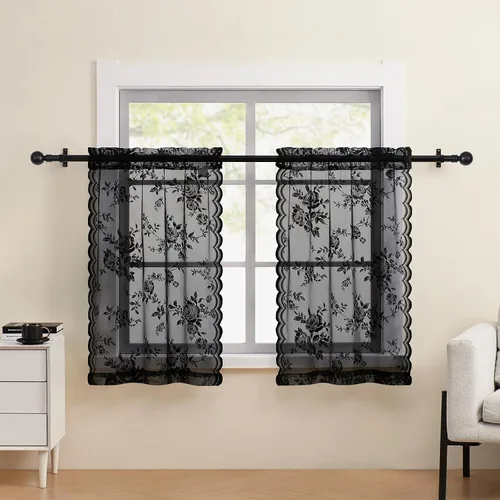 Vista 34 de Cortinas de encaje beige, juego de 2 paneles de cortinas traslúcidas con bolsillo para cortinero, decoración de ventana pequeña, baño, sótano