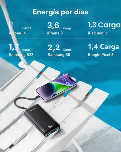 Vista 2 de charmast Cargador portátil con cables incorporados, banco de energía con cables, batería delgada de viaje de 10000 mAh, 6 salidas 3 entradas 3 A