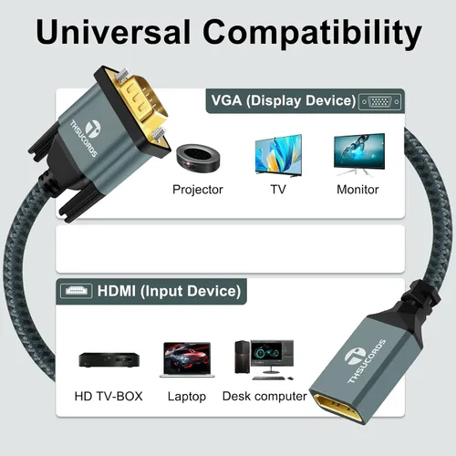 Vista 2 de Thsucords Cable adaptador HDMI a VGA de 1 pie, nailon trenzado HDMI hembra a VGA macho extensión extensión soporte 720P/1080P PC computadora