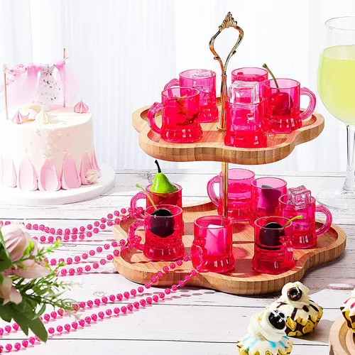 Vista 3 de 20 vasos de chupito de color rosa intenso en collar de cuentas, vasos de chupito de plástico reutilizables de 1 onza con asa para adultos