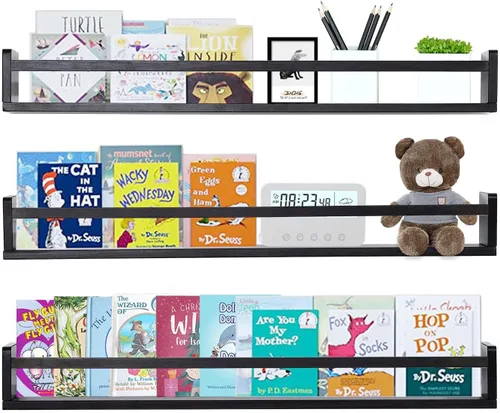 Vista 9 de AZSKY Estantes clásicos para libros de guardería, estantes flotantes de madera negra, estantería de pared para decoración de baño, cocina, especias