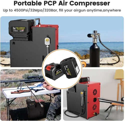 Vista 4 de GX PUMP Compresor de aire PCP L3 4500Psi/320Bar/32Mpa, compresor PCP con baterías de litio duales de 18 V, presión establecida y apagado automático