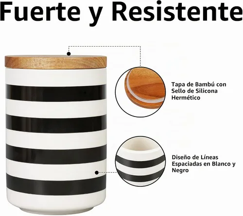 Vista 4 de Juego de 3 recipientes de cerámica Sunddo para encimera de cocina con tapa de bambú para café, azúcar y té