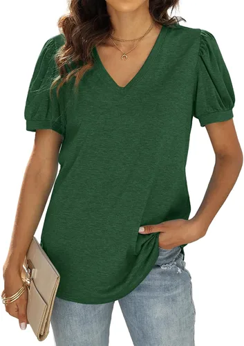 Vista 2 de WIHOLL - Blusas de verano para mujer con cuello en V y mangas abullonadas camisetas de moda casual