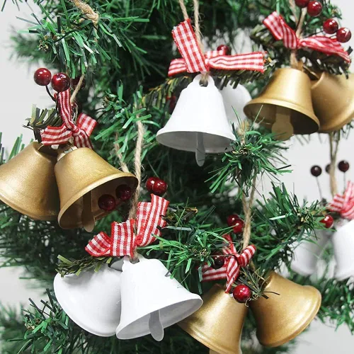 Vista 3 de Adorno rojo de campanas de Navidad, adorno colgante de árbol de cascabeles de metal para decoración de Navidad, suministros de fiesta de vacaciones