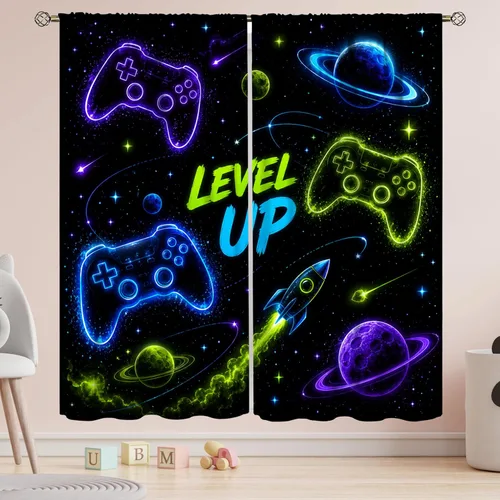 Vista 6 de Cortinas espaciales para ventana gamer con controlador de juego neón y diseño de planeta, cortinas decorativas para dormitorio, sala de juegos, sala