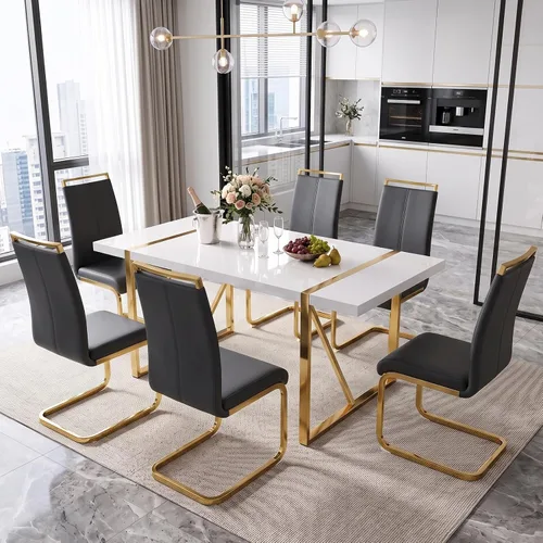 Vista 9 de Conjunto de mesa de comedor blanco Ebullient para 4, mesa rectangular de MDF y sillas de comedor de cuero sintético negro, juego de mesa de comedor