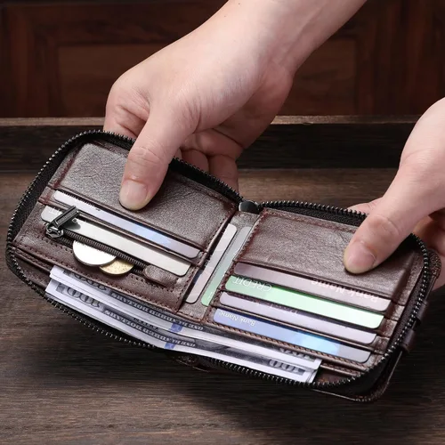 Vista 110 de LUKZIJAES Billetera de cuero genuino para hombre, con bloqueo RFID, delgada, plegable, bolsillo frontal, #3-Café, Vintage