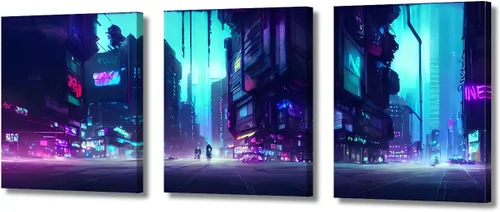 Vista 76 de Cuadros de 3 paneles de Cyberpunk City - Arte de pared de vallas publicitarias de edificios modernos en la capital con obras de arte modernas