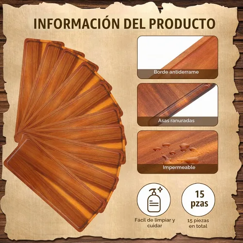 Vista 3 de Skylety Paquete de 15 bandejas de madera maciza para servir grandes de acacia para fiestas, tablero rectangular de charcutería con mango ranurado