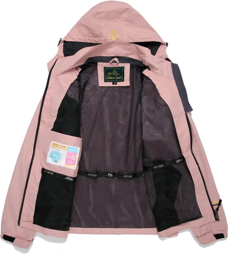 Vista 6 de GIISAM Chaqueta impermeable con capucha para mujer, chaqueta de lluvia ligera y plegable con cremallera completa, chaqueta cortavientos con capucha