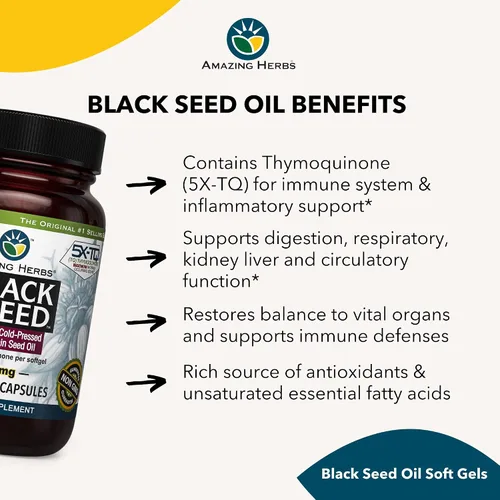 Vista 5 de Amazing Herbs - Aceite de comino negro o semilla negra (Nigella Sativa) prensado en frío en cápsulas, favorece el sistema digestivo, inmunitario