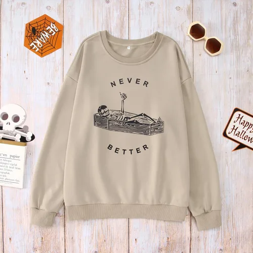 Vista 5 de Never Better - Sudadera de esqueleto para mujer, camiseta de Halloween, diseño de calavera de terror, manga larga, sarcástico, sin botones