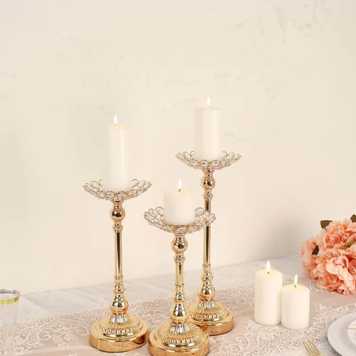 Vista 5 de Efavormart - Juego de 3 portavelas votivas con cuentas de cristal de metal dorado, soportes para velas de té, 11 pulgadas, 13 pulgadas, 15 pulgadas