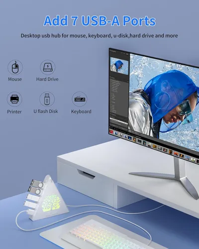 Vista 6 de Hub USB 3.0 de 7 puertos, divisor de concentrador USB vertical blanco con iluminación RGB en forma de árbol, transferencia de alta velocidad de 5