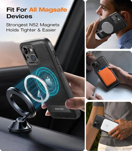 Vista 2 de WTCASE Funda magnética de cuero para iPhone 15, soporte invisible integrado [Compatible con Magsafe] Funda protectora delgada con soporte plegable