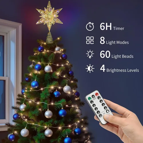 Vista 2 de Lewondr - Estrella para punta de árbol de Navidad, alimentación USB, control remoto, diseño hexagonal multicapa de 11 pulgadas, 8 modos de luz