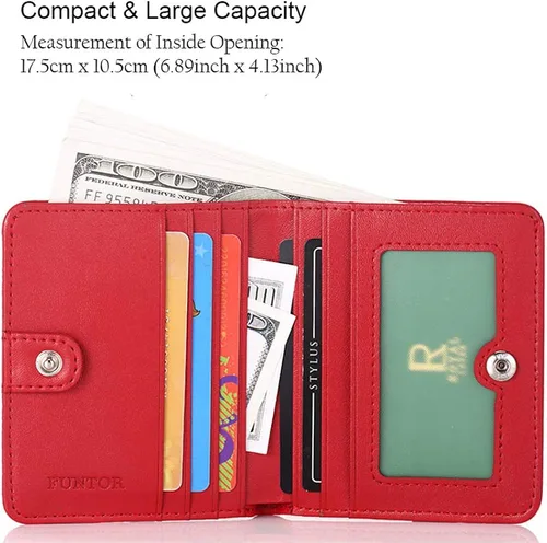 Vista 2 de Funtor Cartera de cuero para mujer, pequeña y compacta, con bolsillo doble, bloqueo RFID, para mujer