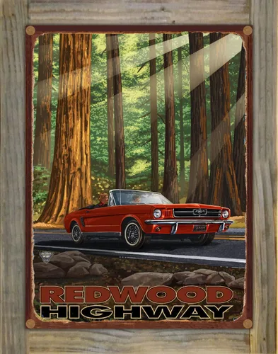 Vista 8 de California Redwoods Highway Mustang In Redwoods - Impresión artística de metal rústico de obras de arte de viaje por el artista Paul A. Lanquist 8.5