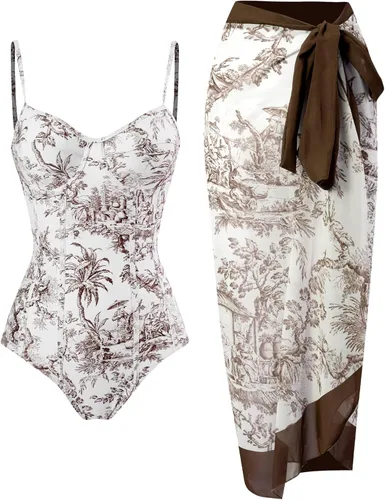 Vista 18 de Women Swimsuits Abstract Printing Notched Square/V Neck Floral Vacation One Piece with Cover Up