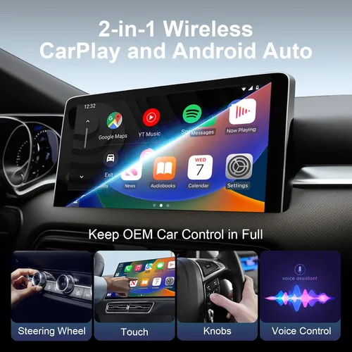 Vista 3 de Adaptador inalámbrico CarPlay y Android Auto con cable CarPlay a dispositivo inalámbrico, mini en forma de T 2 en 1 para auto USB Plug and Play Auto