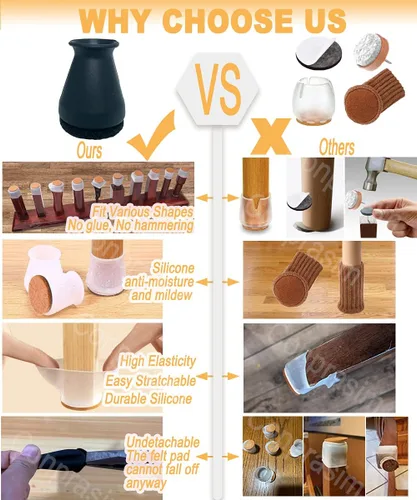 Vista 2 de Protectores de suelo de silicona extra pequeños para patas de silla con fieltro, se ajustan de 19/32 a 15/16 pulgadas, tapas de silicona para patas