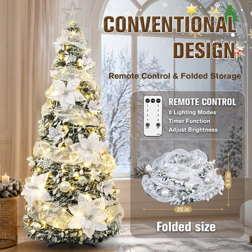 Vista 5 de Decoración de árbol de Navidad preiluminada de 6 pies con adornos Árbol artificial plegable con 150 luces LED cálidas, predecorado, fácil de montar