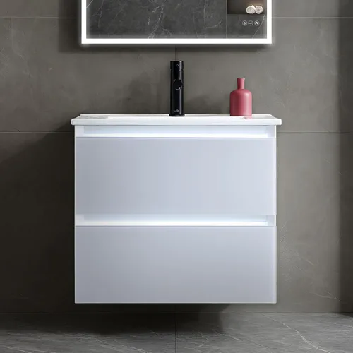 Vista 21 de Blossom Tocador de baño LED de 24 pulgadas – Tocador flotante montado en la pared con luces – 100% impermeable PVC de grado marino – Moderno