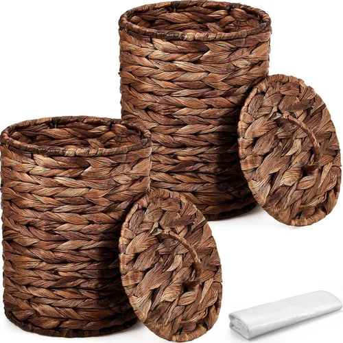 Vista 7 de Ctosree 2 Piezas Cestas de Basura de Mimbre Cesto de Residuos Tejido con Tapa Papelera de Baño Contenedor de Basura con 100 Bolsas de Basura