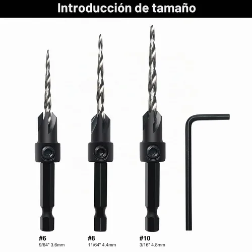 Vista 2 de Juego de Brocas Avellanadas GMTOOLS, 3 Piezas de Brocas Cónicas M2 HSS, con Vástago Hexagonal de 1/4" de Cambio Rápido y Llave Allen, Juego
