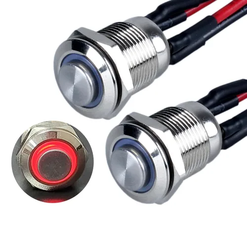 Vista 16 de 2 interruptores de botón con pestillo de 0.472 in con cable pre-soldado de 5.9 in 1NO 12V-24V ON-Off para orificio de montaje de 1/2 pulgada, anillo