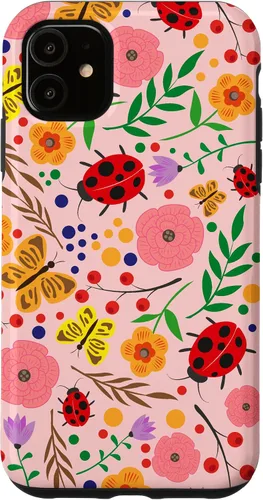 Vista 8 de iPhone 16 Cute Ladybugs Flowers Pink Pattern Bouquet Lover Cell Phone Case