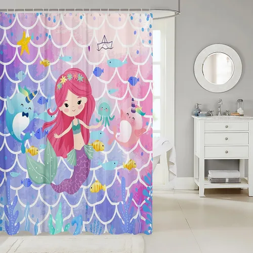 Vista 2 de Cortina de ducha de sirena, decoración de baño con escala de acuarela, habitación para niños y niñas, mujeres, caricaturas, delfín, pulpo