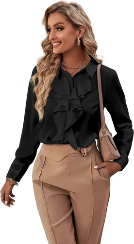 Vista 5 de LYANER - Blusa de manga larga con cuello de botón y volantes en la parte delantera para mujer