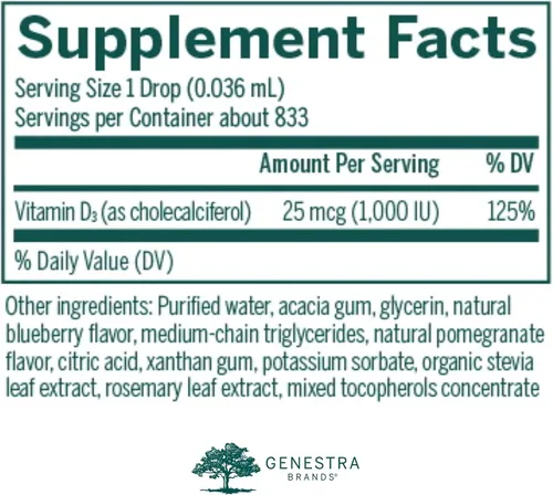 Vista 2 de Genestra Brands D-Mulsion 1000, sabor a bayas naturales, 1 onza líquida Suplemento líquido de vitamina D*, suplemento de apoyo inmunológico*