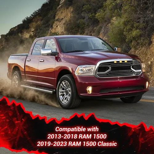 Vista 5 de Rejilla delantera compatible con RAM 1500 Big Horn Style 2013 2014 2015 2016 2017 2018, rejilla de repuesto con letras y luces LED, cromada