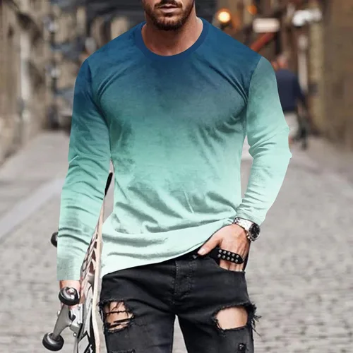 Vista 2 de Camiseta estampada de Color en contraste degradado para Hombres Casual Cuello Redondo Camisetas básicas