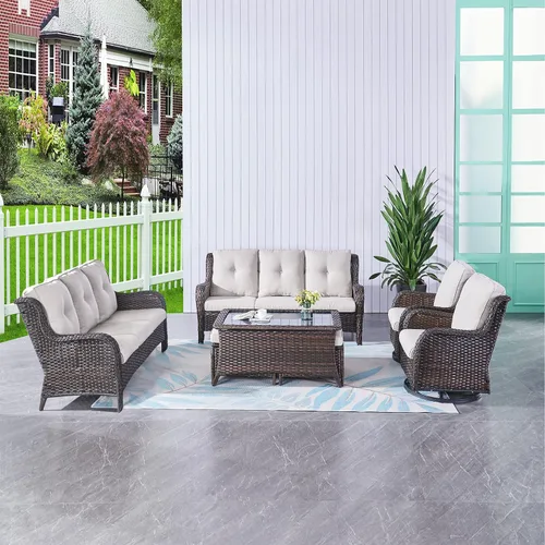 Vista 48 de HUMMUH Juego de 2 Sillas Giratorias Mecedoras de Mimbre para Patio Exterior, Juego de Muebles de Sillas Mecedoras de Ratán (Marrón, Azul) 50,000