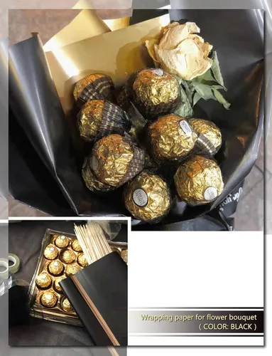 Vista 5 de Papel de regalo de flores negras, 20 piezas de papel de regalo de rosas, papel de regalo floral, impermeable, arreglos florales dorados y negros