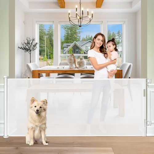 Vista 11 de Puertas retráctiles para bebés para puertas, puerta retráctil para perros de 55 pulgadas de ancho para escaleras, puertas de malla para perros