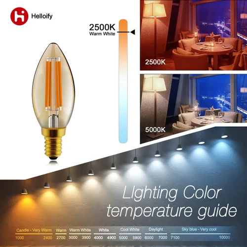 Vista 4 de helloify Bombilla LED Edison B11 regulable vintage, equivalente a 60 W, alto brillo, luz blanca cálida de 2500 K, vidrio ámbar, estilo Ámbar-2500k