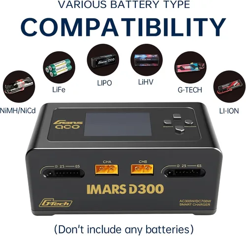 Vista 2 de Lipo Cargador de batería, cargador Gens Ace IMARS D300 G-Tech Series Smart Dual Lipo Balance Charger AC 300W DC 700W (350W* 2) 16A RC Cargador